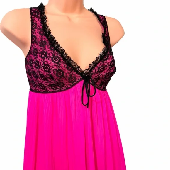 Vintage Hot Pink and Black Lace Nightgown or Slip Dress - Union Made! - Picture 3 of 9